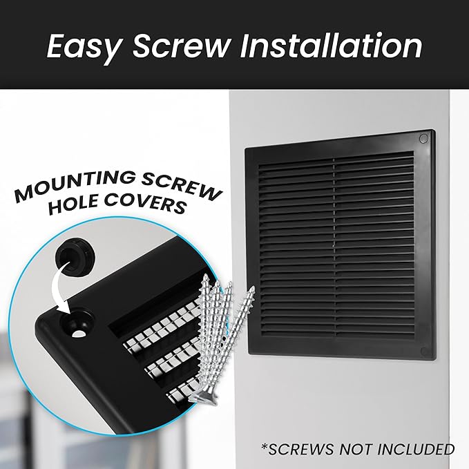 Repa Market 6 x 6 Inch (Outer) Black Square Air Vent Cover - Pack of 2 Plastic Fresh Air Intake Vent - AC Cover with Nylon Mesh Screen, Wall, Ceiling HVAC Return Air Register, Modern Soffit Vents