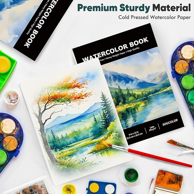 Soucolor Watercolor Paper Pad, 9"x12" Water Color Paper, 140lb/300gsm 40 Sheets Artist Painting Drawing Paper Book, Art Supplies for Adults Kids, Watercolor Paint Set, Sketchbook, Journal, Notebook