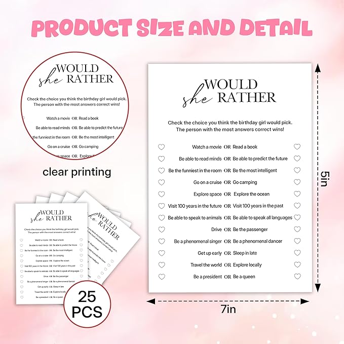 Birthday Party Games, Would She Rather, 25 Pcs Card Set for Guests, Fun Birthday Game for Teen Adults – A04
