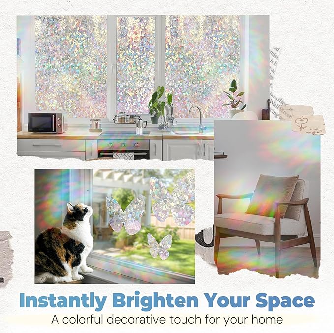 DOWELL Window Privacy Film Rainbow Film, Stained Glass Decorative Sticker, Static Cling Non-Adhesive Glass Clings, Sun Blocking Heat Control Window Coverings for Home Door, 35.4" x 78.7"