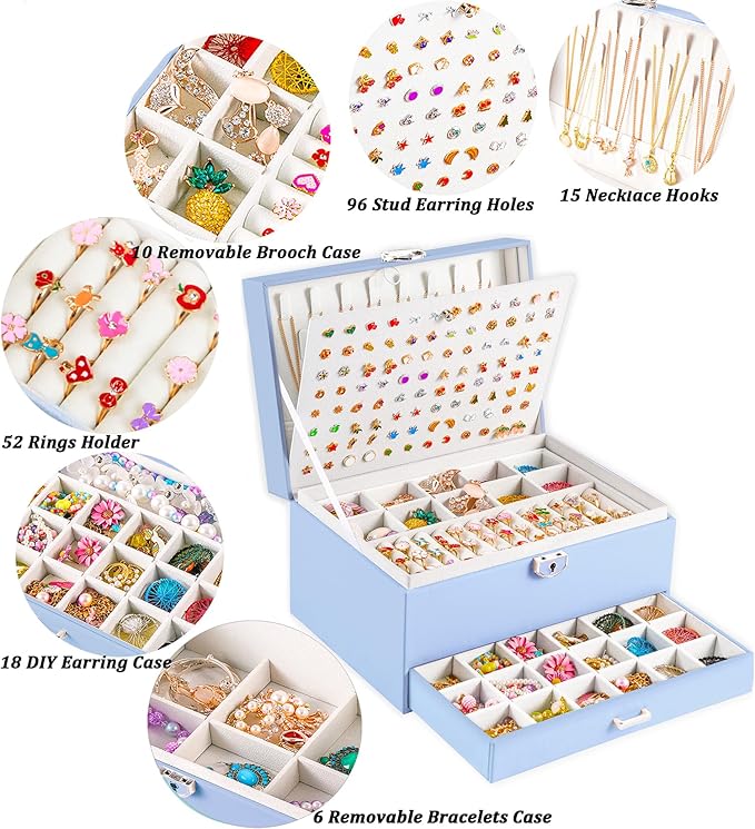 Earrings Jewelry Box for Girls, 5 Layers Jewelry Organizer with Earring Holder Organizer for Girls Earring Organizer Jewelry Boxes for Women Earrings and Necklaces Jewelry Box Organizer Blue