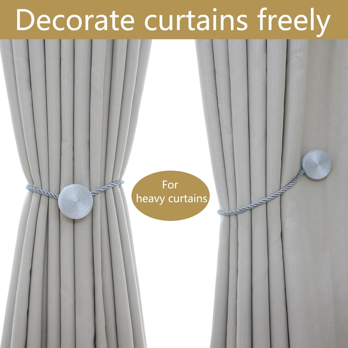 Magnetic Curtain Tiebacks - 12mm Magnetic Tie Backs for Curtains, Heavy Duty No Drill Curtain Holdbacks for Home/Office Windows Drapes, Elegant Gift-Ready Design 7 Colors (2, Gray)