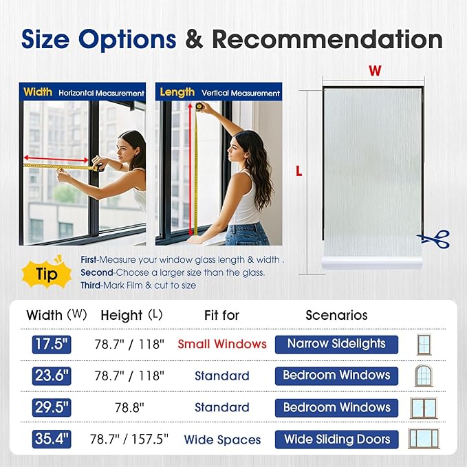 Borsky Frosted Glass Window Film - Static Cling, 96% UV Blocking Non-Adhesive Privacy Window Film, Removable Window Cling with Day & Night Privacy for Bathroom Home Office, 17.5 x 393.7 Inches, Pure