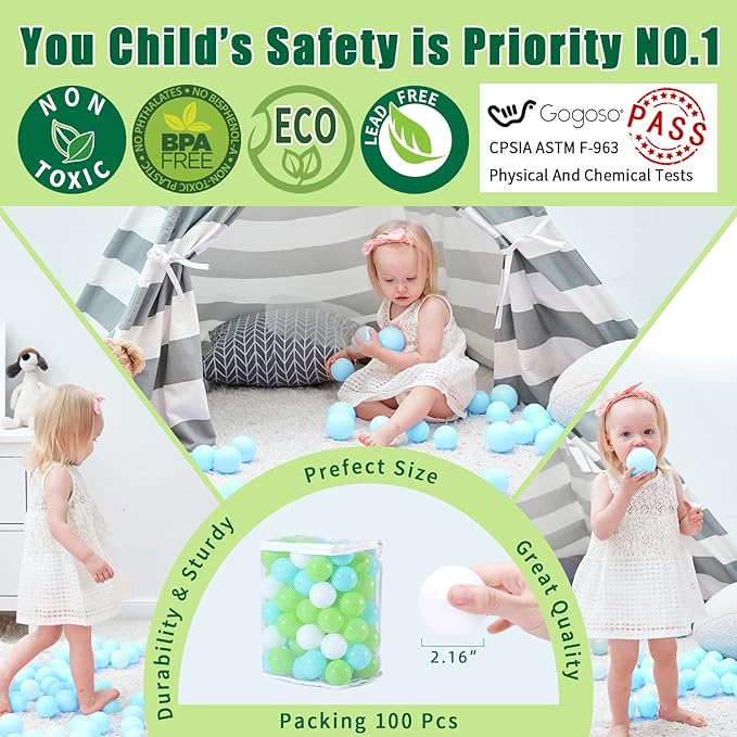 GOGOSO Ball Pit Balls for Toddlers, Green Balls for Ball Pool Birhtday Party Girls Kids with Storage Bag, 2.17inches