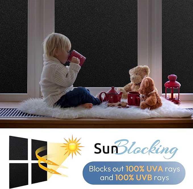 rabbitgoo Blackout Window Film, Sun Heat Blocking Privacy Cover for Glass, Removable Opaque Room Darkening Dark Black Out Window Covers Tint Shades for Home Day Sleep Light Blocker 17.5 x 78.7 Inches