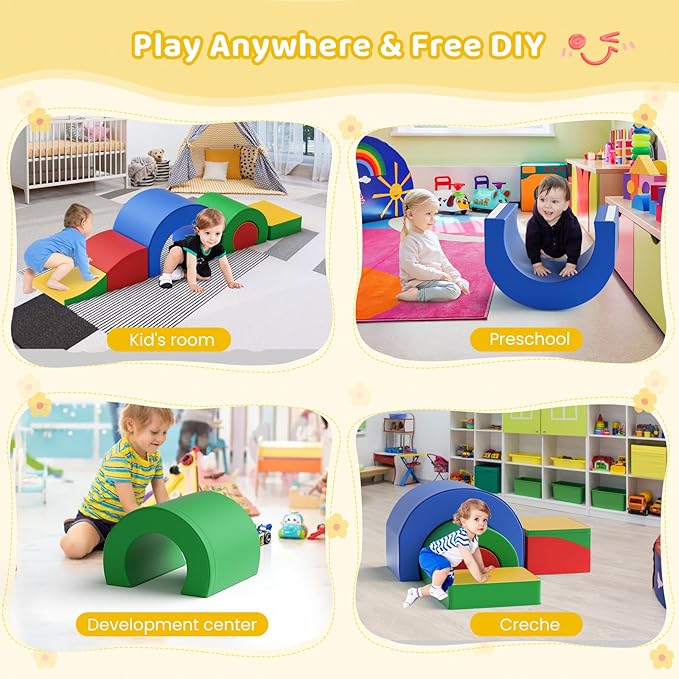 Lischwert Foam Climbing Blocks, Soft Climbing Toys for Toddlers, 5 Pieces Crawl and Climb Foam Playset with Foldable Block and Tunnel, Indoor Climber Activity Play Set for Kids Age 1+(Colorful)
