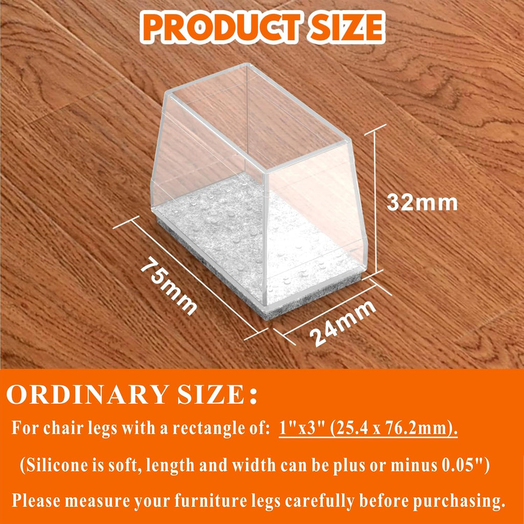 Rectangle Chair Leg Protectors for Hardwood Floors,16 PCS Silicone Covers to Protect Wood Tile Floors Felt Pads Furniture Leg Caps Reduce Noise. Easy to Move.(Clear,1 x 3 Inch,Rectangular)