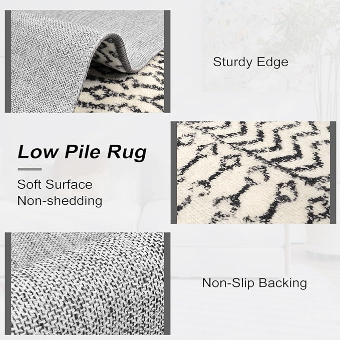 Moroccan Area Rug, 2x3 Black Distressed Entryway Rug Non-Slip Small Rug, Soft Low-Pile Washable Indoor Door Mat Floor Carpet for Entrance Bedroom Kitchen Bathroom
