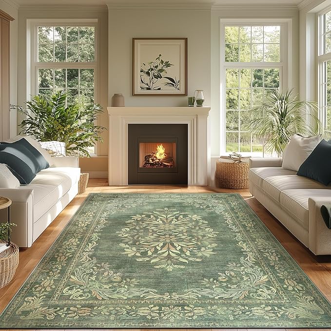 jinchan Floral 6x9 Green Area Rugs for Living Room - Machine Washable Vintage Distressed Design Soft Throw Rug Non-Slip Large Carpet for Bedroom Dining Room Home Office Nursery (6x9ft,Dark Green)