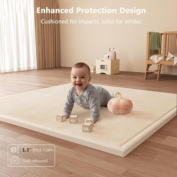 Baby Play Mat for Floor, 1.3'' Thick Memory Foam Tummy Time Mat - Super Soft Coral Velvet Nursery Rug with Non-Slip Backing, Crawling Rug for Toddlers/Infants, Yoga & Tatami Use, 79''x 118''