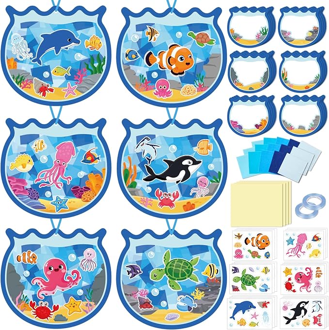 36PCS Summer Activities Crafts Bulk: Sea Animal Ocean Scene Paper Suncatchers, Under the Sea Party Fish Stickers DIY Kit School Classroom Decorations, Window Stained Glass Effect Art Supplies