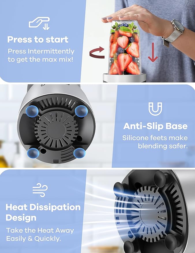 Ganiza Smoothie Blender, 900W Blenders for Shakes and Smoothies, 15-Piece Personal Blender and Grinder Combo for Kitchen, Smoothies Maker with 4 BPA-Free Portable Cup, Nutritious Recipe