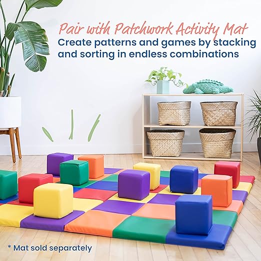 ECR4Kids SoftZone Patchwork Toddler Building Blocks, Foam Cubes, Assorted, 12-Piece