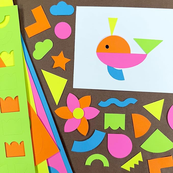 ARTshapes 840 pc Creative Paper Shapes Pack with 70+ Idea Guide - US Made Card Stock - Punch Out Funky DIY Craft Supplies for Whimsical Art Designs, Paper Crafts, and Pattern Play 5 Neon Colors