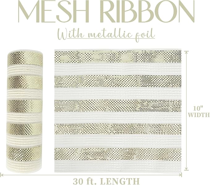 MEEDEE Cream Cotton & Deluxe Metallic Champagne Striped Deco Mesh - 30 Feet for Christmas Tree, Wreaths, Garland, Gift Wrapping, Bows Making