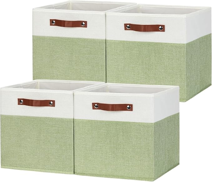 HNZIGE Fabric Storage Cubes for Shelves Set of 4 ,Storage Cubes Baskets 12 x12, Decorative Storage Bins Basket with Handles, Green Baskets for Organizing Home Nursery(Green White)