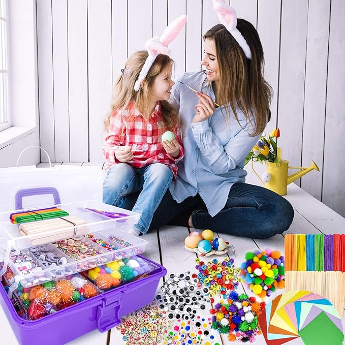 1405 Pcs Art and Craft Supplies for Kids, Toddler DIY Craft Art Supply Set Included Pipe Cleaners, Pom Poms, Feather, Folding Storage Box - All in One for Craft DIY Art Supplies (Purple)