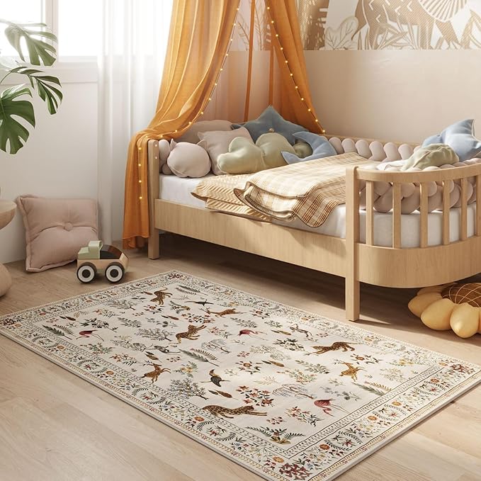 Rugcomf Area Rug 4x6 Rug Washable Boho Rugs Non Slip Low Pile Floral Animal Small Carpet for Bedroom, Bedside, Kids Room, Office, Dining Room (Beige)