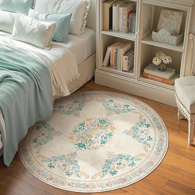 jinchan Round Rug 4ft Area Rugs Vintage Floral Distressed Design,Machine Washable Soft Non-Slip Low-Pile Ultra-Thin Circle Rug for Entryway Bedside Living Room Kitchen Nursery (4' Round,Apricot Multi)