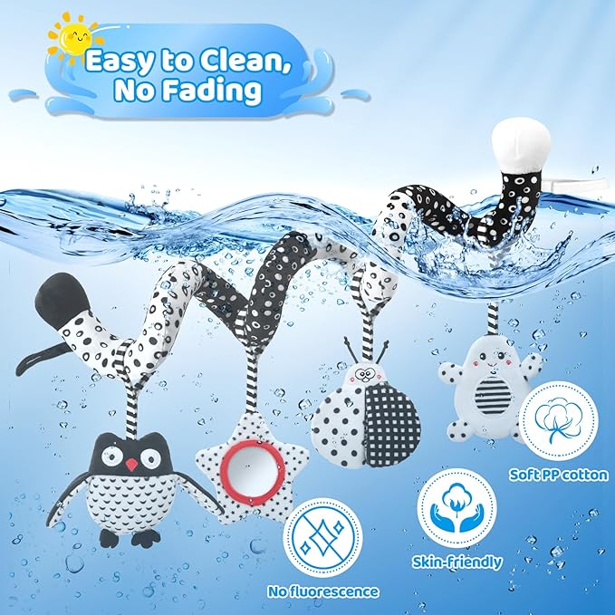 High Contrast Baby Toys - Black & White Hanging Toys for Car Seat, Stroller & Crib | Newborn Essentials 0-6 Months | Perfect