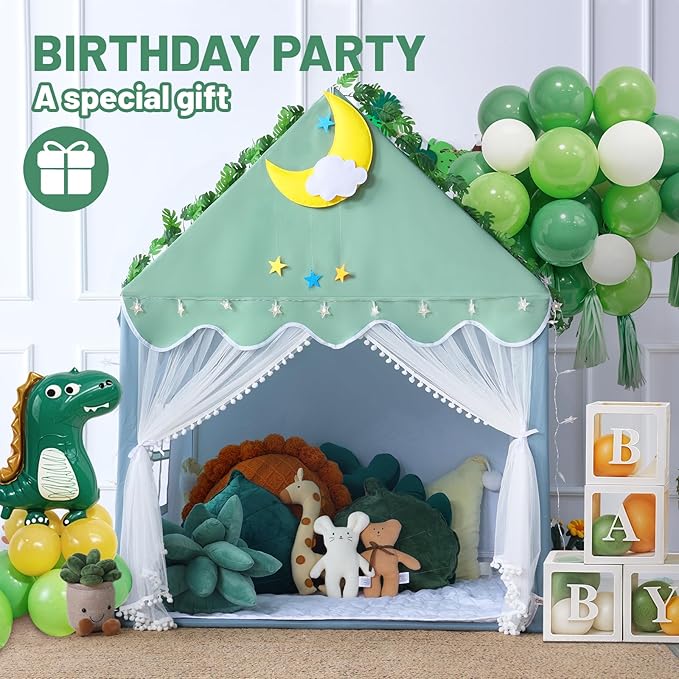 Wilwolfer Kid Tent with Mat, Star Lights - Kids Play Tents for Toddlers Kids Tents Indoor Playhouse - Princess Tent for Girls Toy House Gift (Green with Mesh)