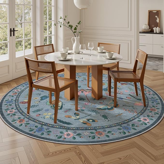 6ft Washable Round Rug - Bug Rugs for Living Room Non-Slip Low Pile Soft Ultra-Thin Machine Washable Circle Carpet for Bedroom, Entryway, Nursery, Kitchen, Home Office (6' Round Blue)
