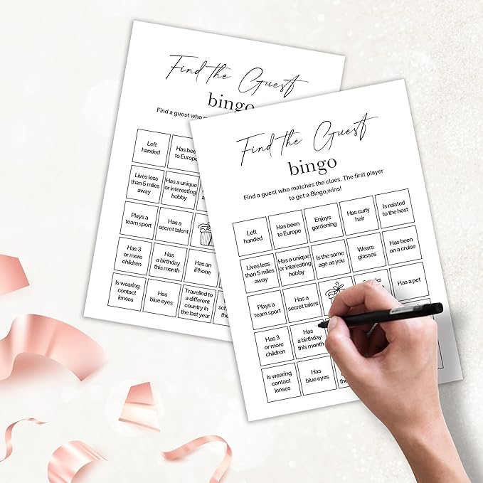 Birthday Party Games, Find The Guest Bingo, 25 Pcs Card Set for Guests, Fun Birthday Game for Teen Adults – A08