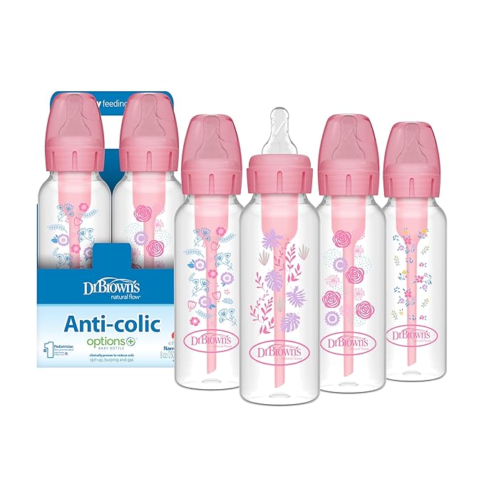 Dr. Brown's Natural Flow Anti-Colic Options+ Narrow Baby Bottle, Pink Floral, 8 oz/250 mL, with Level 1 Slow Flow Nipples, 0m+, 4 Pack