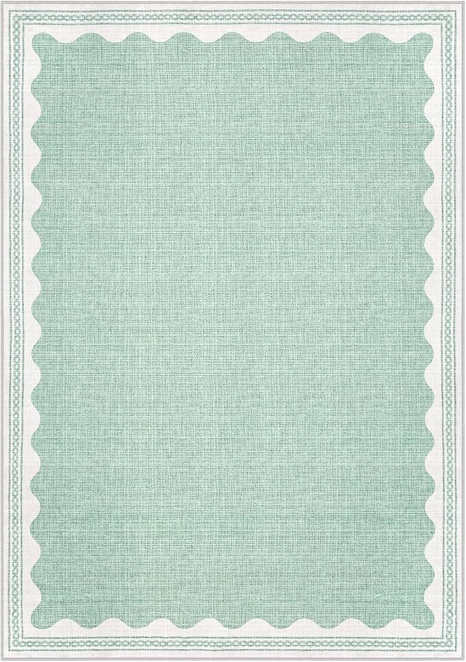 Scalloped Washable Rugs for Living Room, Solid Green 6x9 Area Rugs for Bedroom Girls, Non Slip Scalloped Rug with Rubber Back, Soft Dorm Nursery 6x9 Rugs for Dining Room