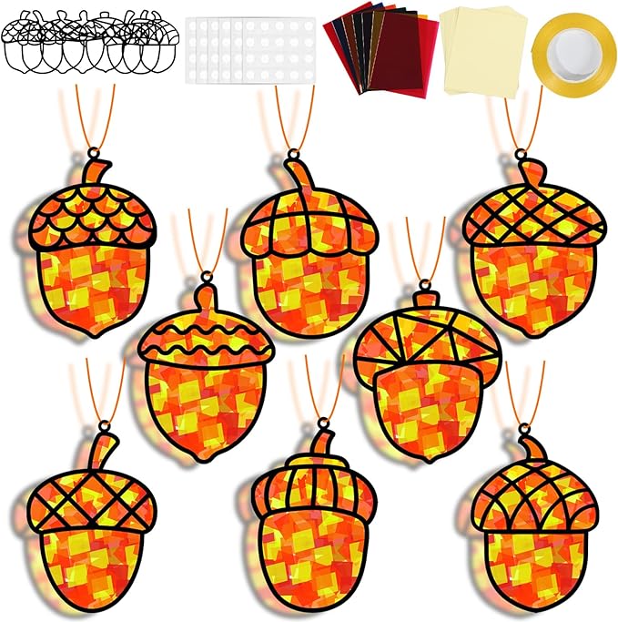 32 Sets Pine Cones Suncatchers Craft Kit DIY Window Stained Glass Effect Fall Autumn Pine Cones Paper Craft Home School Classroom Decoration Kid Birthday Gift Creative Art Project Activity Game