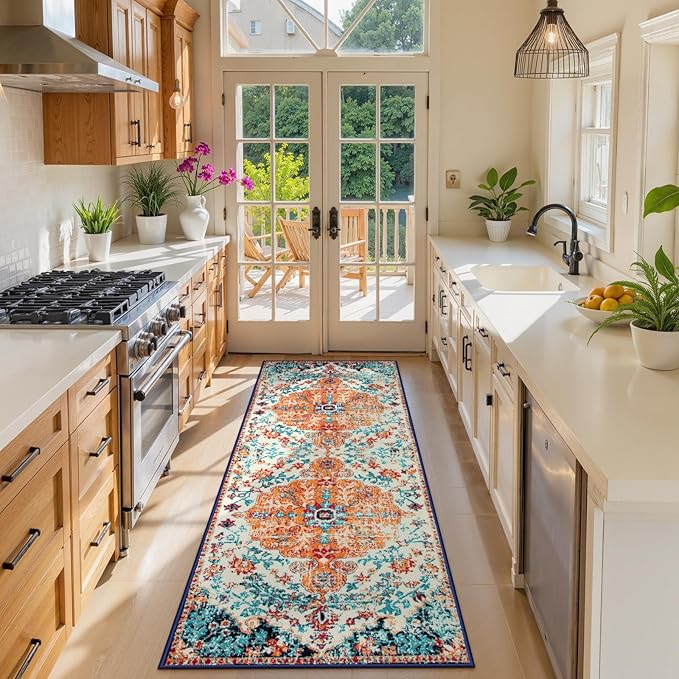 Lahome Bohemian Floral Medallion Runner Rug - 2'8" x 8' Oriental Distressed Hallway Runner Rug Country Vintage Washable Non-Slip Laundry Carpet Soft Low-Pile Indoor Mat for Entryway Bedside Decor