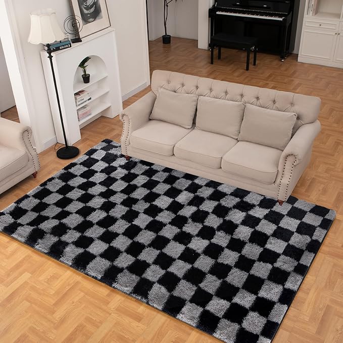 Super Soft Rug for Bedroom, 6x9 Ft Grey and Black Area Rug Classic Checkered Shaggy Rug Anti-Skid High Pile Soft Fluffy Fuzzy Carpet for Living Room Bedroom Kids Room Nursery, Dorm Home Decor