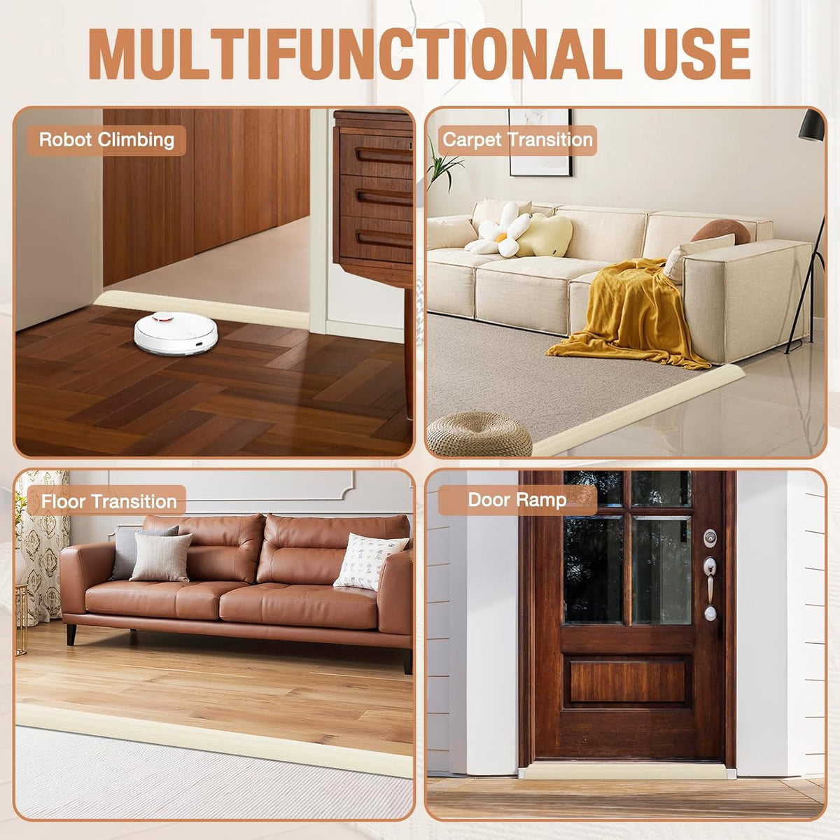 Floor Transition Strip Self Adhesive Vinyl Door Threshold for Doorways Carpet Edging Trim Overlap Edge Reducer for Laminate Floor, Carpet, Tile (Beige Wood Grain, 3/5" to 4/5", 10Ft)