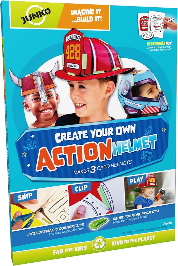 JUNKO Create Your Own Firefighter, Viking, and Space Action Helmet | Build and Color DIY Paper Craft Kit for Kids | Fun Rainy Day Activity