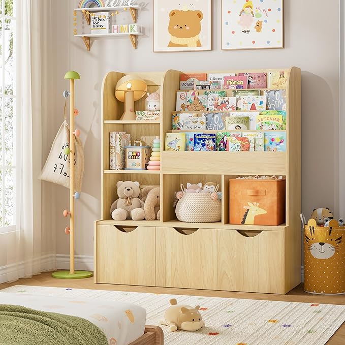 FOTOSOK 47'' Kids Bookshelf with Toy Storage, Multifunctional Bookcase with 5 Storage Cubbies and 3 Movable Drawers, Toy Storager Display Stand, Toy Organizer and Storage for Playroom,Bedroom, Natural