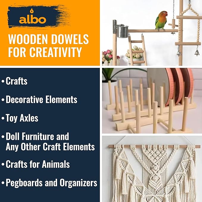 ALBO 1" x 48" Wooden Dowel Rods Set - 5 Pack Birch Natural Strong Long Craft Sticks Woodworking Furniture Garden Structures Hardwood Sanded Smooth Versatile Material Railings Supports