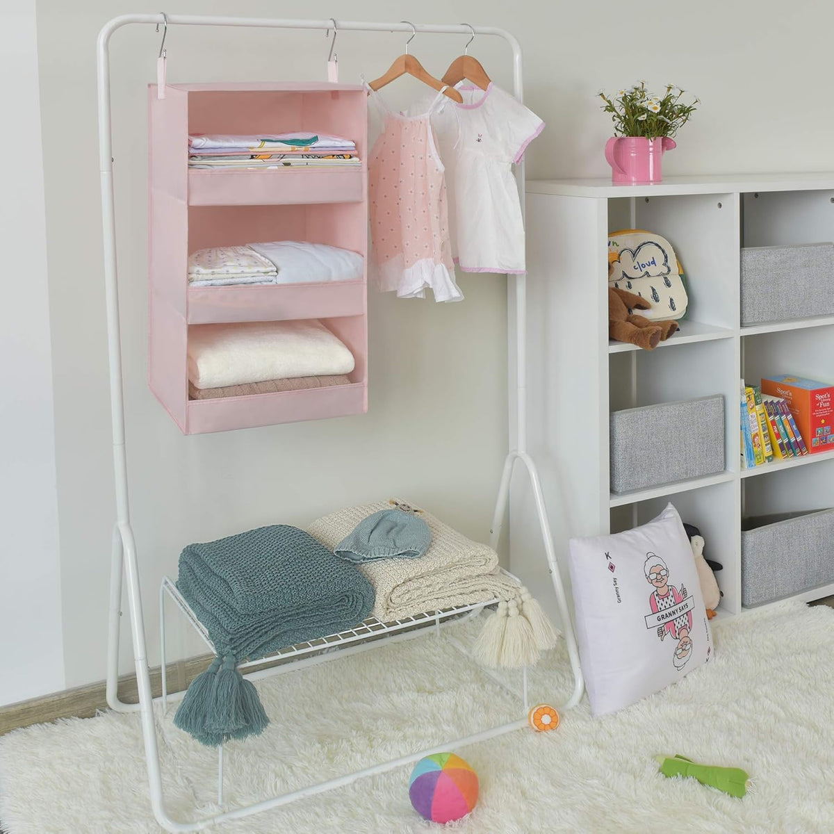 GRANNY SAYS 3-Shelf Hanging Closet Organizer, Collapsible Closet Hanging Shelves, Nursery Hanging Organizer, Pink, 29 ½" H X 12" W X 12" D, 1-Pack