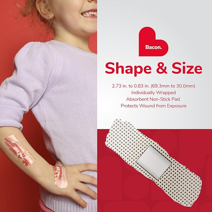 BioSwiss Bandages, Bacon Shaped Self Adhesive Bandage, Latex Free Sterile Wound Care, Fun First Aid Kit Supplies for Kids, 50 Count