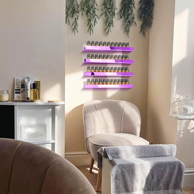 4 Pack 15 Inch Purple Reflective Acrylic Shelves, Purple Floating Shelves, Modern Sunglasses Essential Oil Picture Ledge Display Toy Storage Shelf