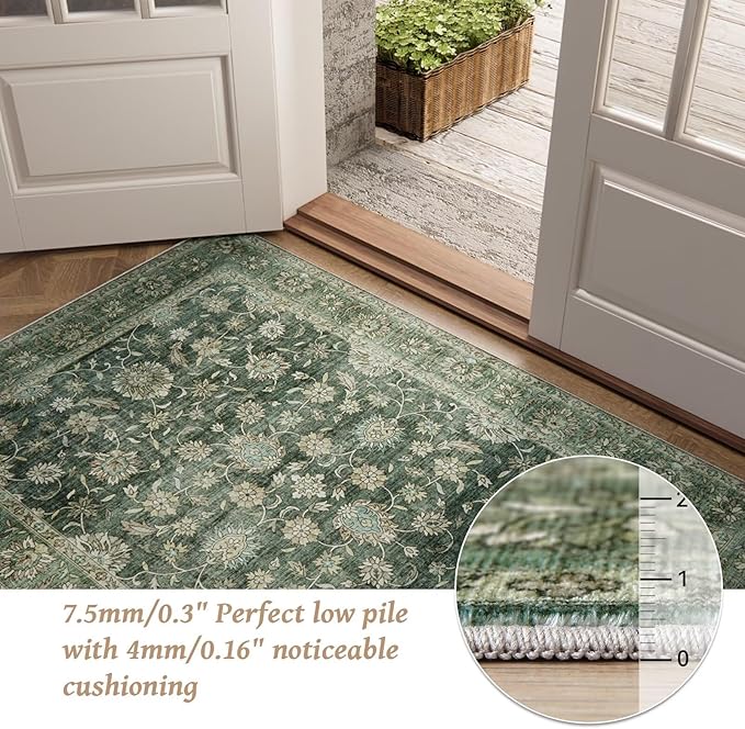 Washable 8x10 Area Rugs for Living Room, Boho Non-Slip Silicone Backing Rugs for Bedroom Dining Room Nursery Office, 0.3" Neutral Oriental Throw Carpet with 0.16" Cushioning Pad, Sage Green/Multi
