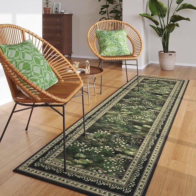 Runner Rug Impressionist-Style Vintage Kitchen Rugs Non Slip Washable Soft Carpet Runner for Kitchen Laundry Bedroom Bathroom, Green