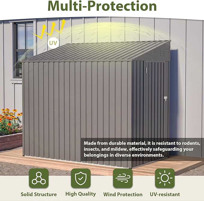4x7 FT Lean to Shed with Single Lockable Side Door, Outdoor Metal Storage Shed, Sloping Roof Galvanized Utility Steel Tool Shed for Garden, Patio, Lawn & Backyard