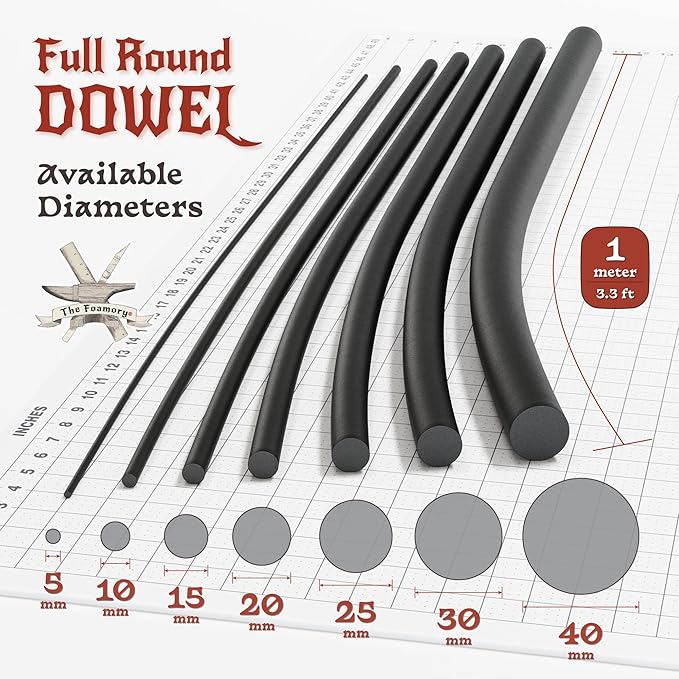 The Foamory's No Waste Full Round EVA Foam Dowel. 5-40mm x 1M High-Density Black Craft Foam Stick. Pre-Cut for Quick Cosplay Armor Trim, Weapon Enhancement and Costumes. Time Saving, Paint-Ready Bevel