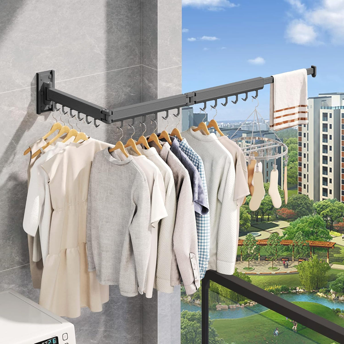 Wall Mounted Clothes Drying Rack,Laundry Drying Rack Wall Mount,Clothes Hanger,Drying Rack Clothing,Retractable Laundry Rack for Hanging Clothes,Collapsible,Foldable,Grey-Hooks