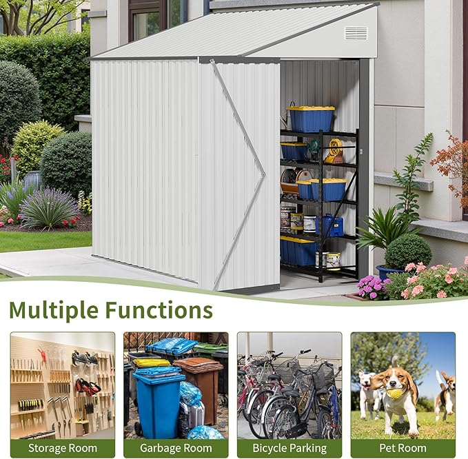 4x8 Lean to Metal Shed - White, Heavy-Duty Outdoor Storage for Bikes, Tools, Lawn Mowers & Firewood, Rust-Resistant Wall Side Design Sheds with Lockable Door, Waterproof Coating & Sloped Roof