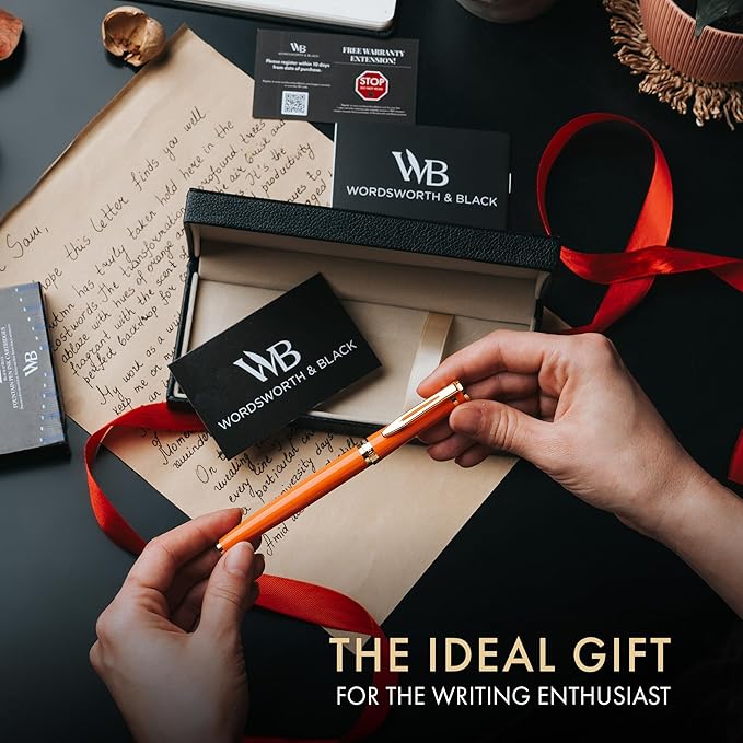 Wordsworth & Black Fountain Pen Set, 18K Gilded Medium Nib, Includes 24 Pack Ink Cartridges, Ink Refill Converter & Gift Box, Gold Finish, Calligraphy, [Orange], Perfect for Men & Women