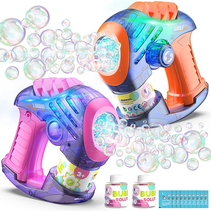 EagleStone 2 Bubble Guns for Toddlers, Kids Bubble Machine Gun, Twist Knob, LED Lights,2 Refill Solutions,10 Concentrate Bubble Blaster for Party Favor, Summer, Outdoor, Easter Basket, Birthday Gift