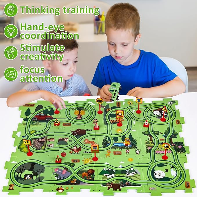 25PCS Puzzle Racer Kids Car Track Set, Jungle Themed Series, Educational Car Puzzle Toys Gifts for Kids and Boys