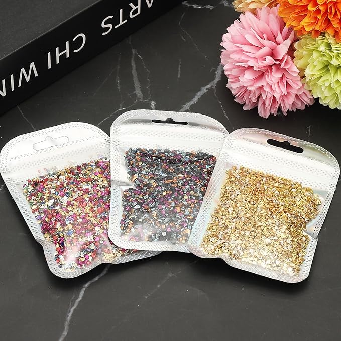uxcell 6 Colors Crushed Glass Chips, 1-3mm Irregular Glitter Metallic Glass Broken Glasses Pieces with Laser Bag for Craft DIY Vase Epoxy Halloween Decoration 33g, Multicolored