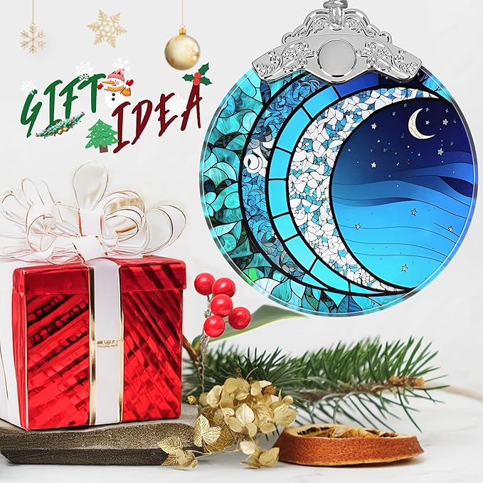 Art Blue Moonlight Stained Glass Orament - Christmas Ornament - Christmas Decorations for Tree - Holiday Present ldeas - Gift Exchange